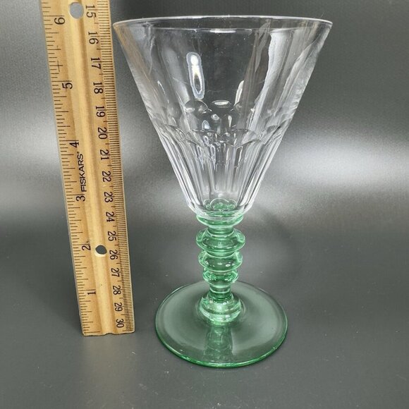 Seneca Theodule Green and Clear Top Uranium Stem Optic Cut Top Goblet Cups Set 2 - Picture 6 of 16